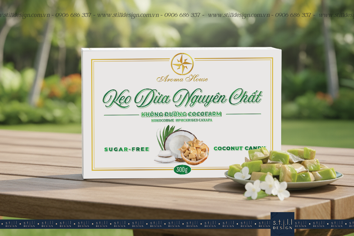 Thiết kế hộp Kẹo Dừa Nguyên Chất Aroma – Tối giản sang trọng, kể chuyện nguồn gốc Bến Tre
