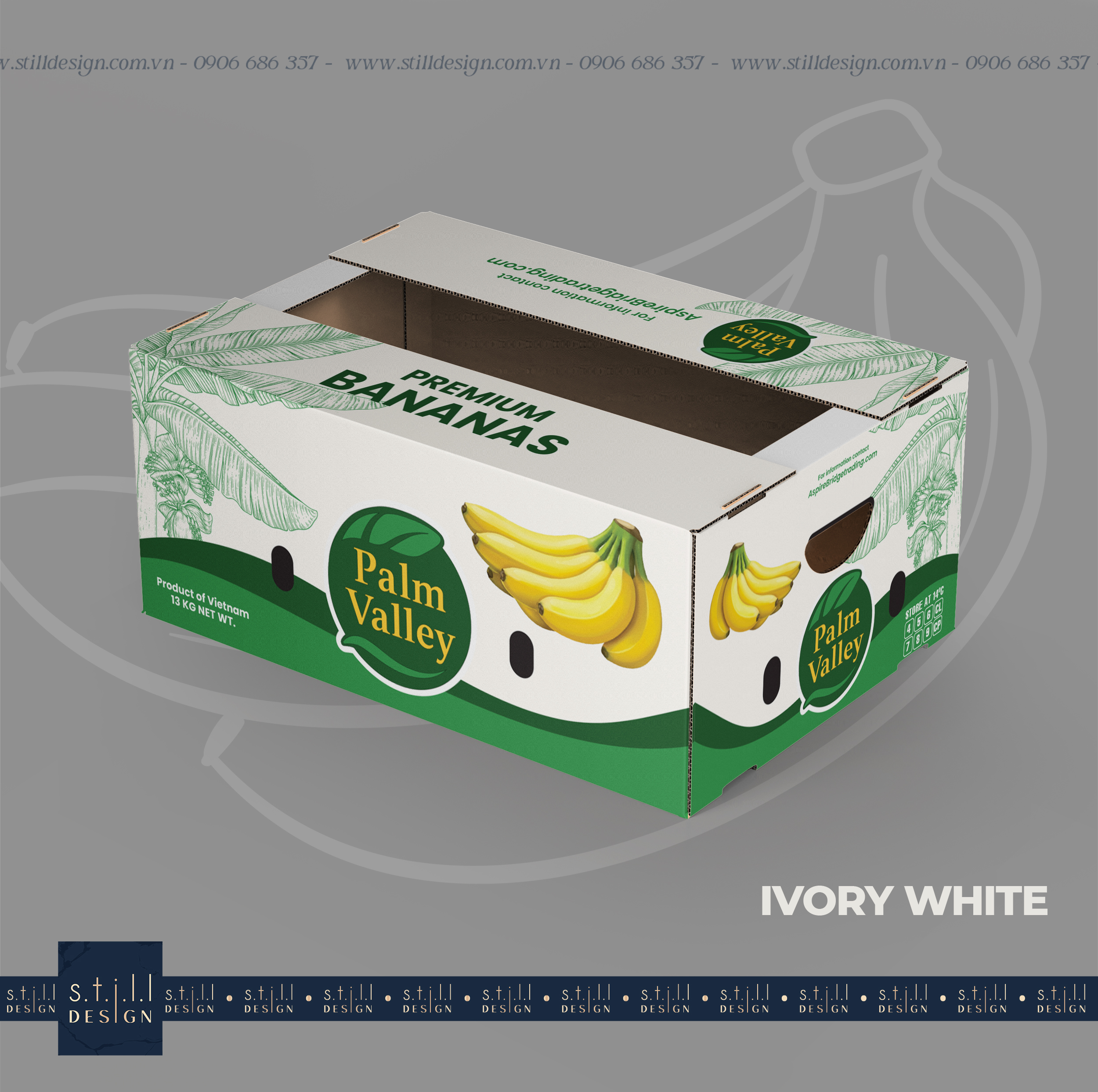 Thiết kế thùng carton chuối xuất khẩu Palm Valley: nhận diện thương hiệu, chuẩn chuỗi trái cây xuất khẩu. Thiết kế thùng carton tối ưu chi phí