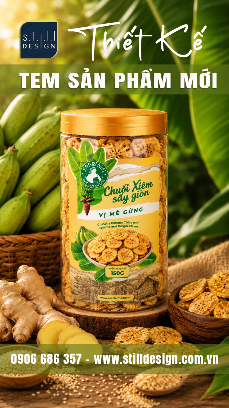 Hình ảnh mockup Tem Chuối Xiêm Sấy Giòn vị Phô Mai Cocofarm được thiết kế bởi Still Design