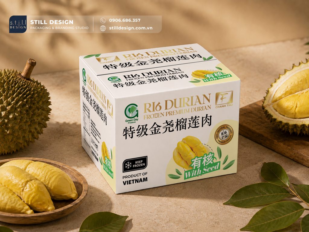 Thiết kế thùng carton cơm sầu riêng đông lạnh xuất khẩu Premium Durian Ri6 của thương hiệu Chánh Thu được thực hiện bởi Still Design