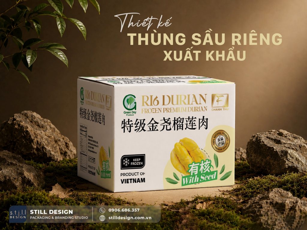 Thiết kế thùng carton cơm sầu riêng đông lạnh xuất khẩu Premium Durian Ri6 của thương hiệu Chánh Thu được thực hiện bởi Still Design