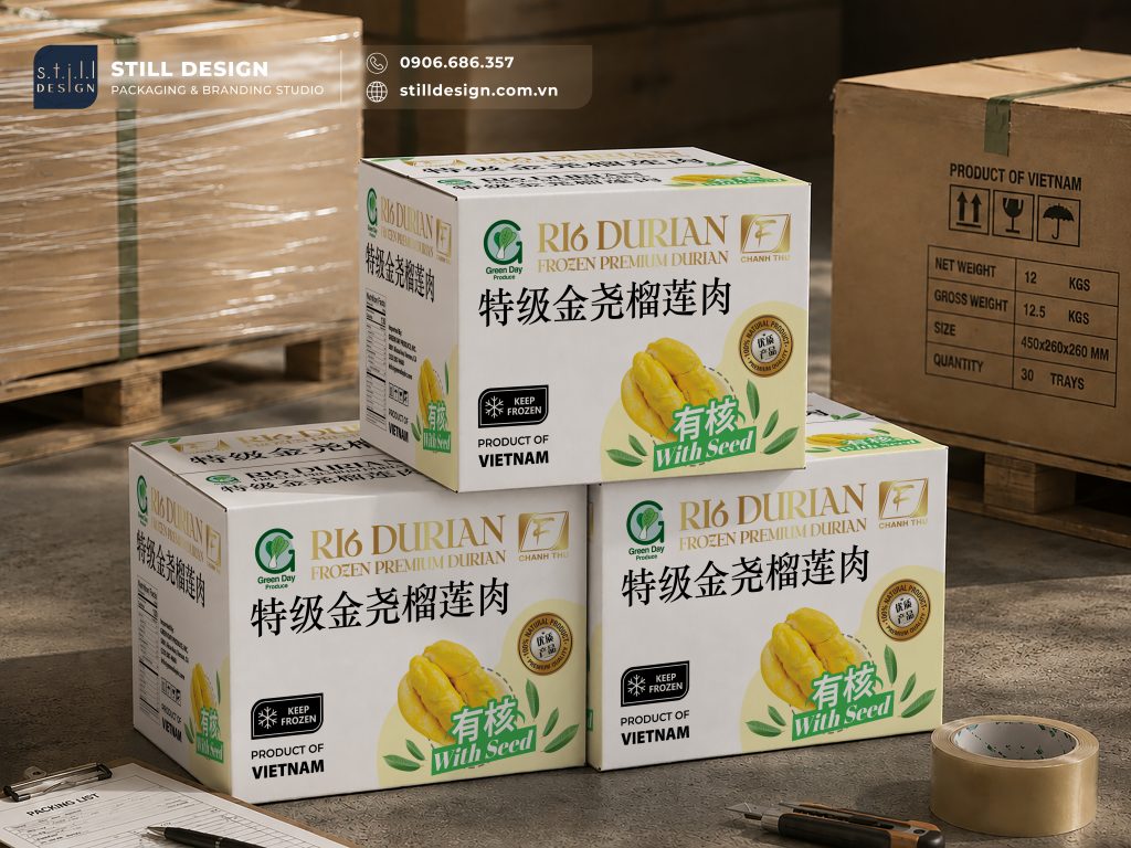 Thiết kế thùng carton cơm sầu riêng đông lạnh xuất khẩu Premium Durian Ri6 của thương hiệu Chánh Thu được thực hiện bởi Still Design